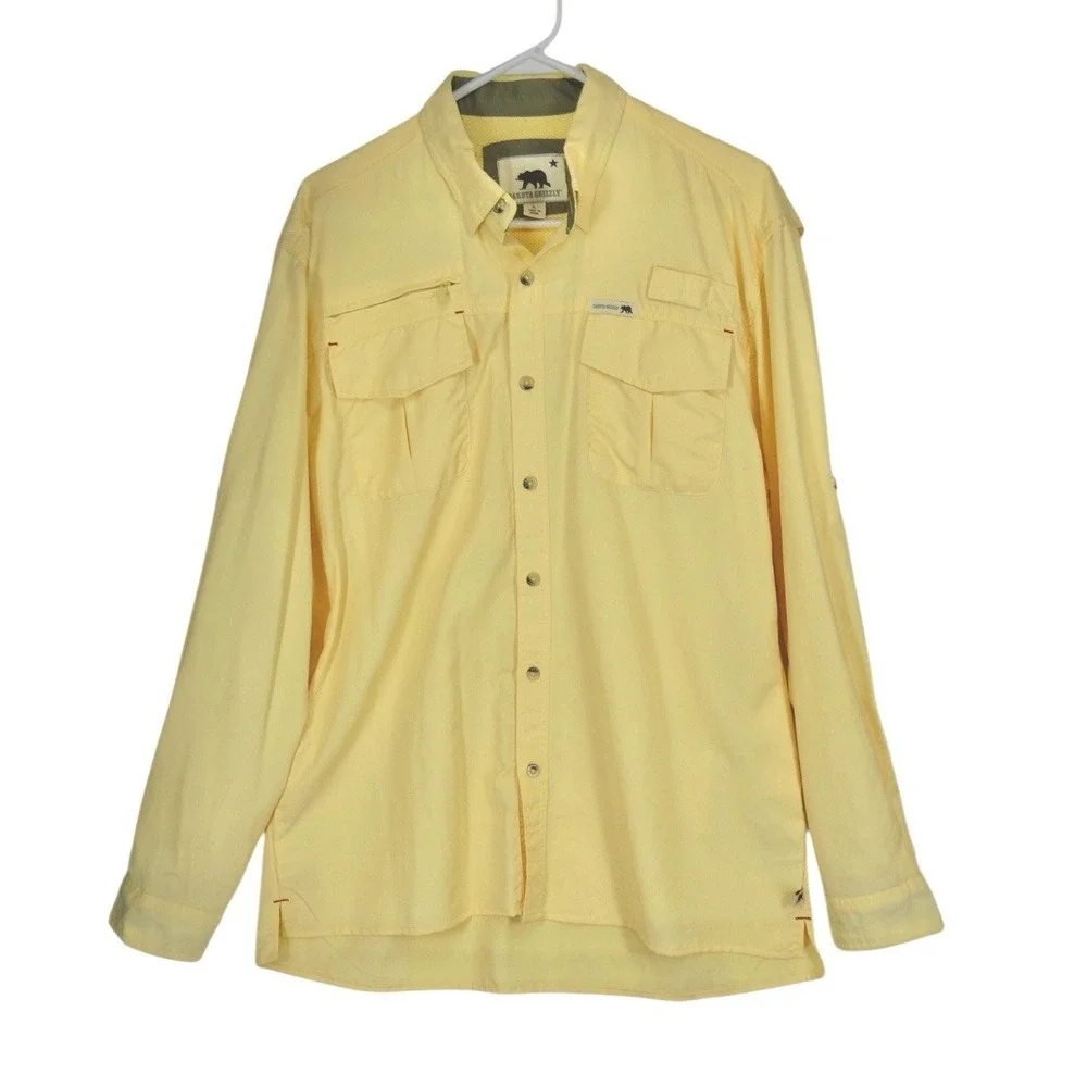 Dakota Grizzly Button Up Hiking Shirt Men L Yellow‎ Outdoor Nylon roll up sleeve